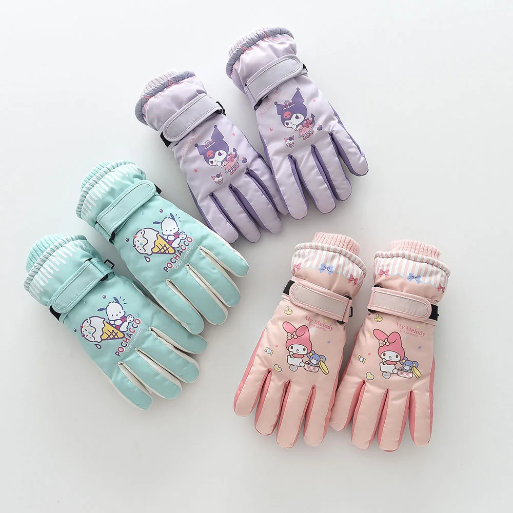 Sanrio Kuromi Melody Children Kids Ski Gloves Cinnamoroll Pochacco Waterproof Thicken Warm Adult Student Girl Five-finger Glove adult teen knit lengthen wrist gloves half finger mitten stretchy cycling gloves