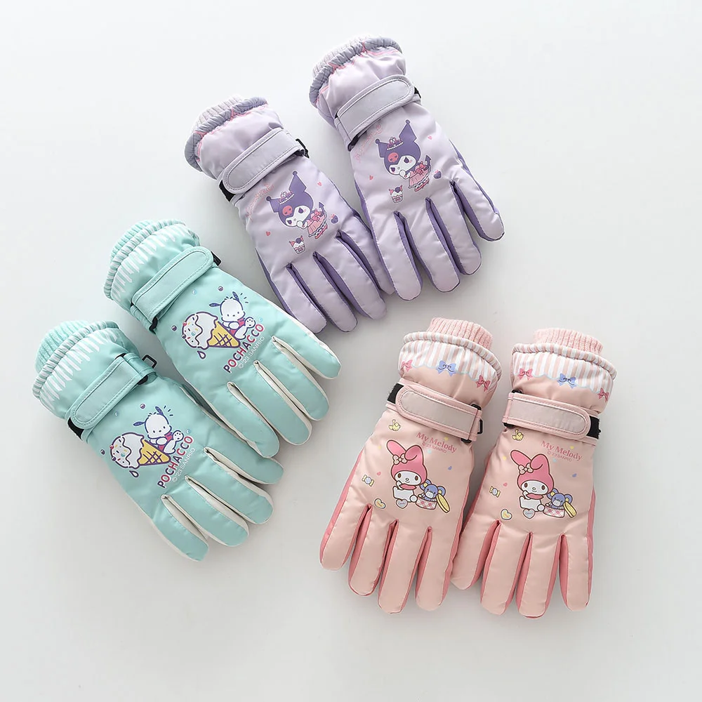 

Sanrio Kuromi Melody Children Kids Ski Gloves Cinnamoroll Pochacco Waterproof Thicken Warm Adult Student Girl Five-finger Glove