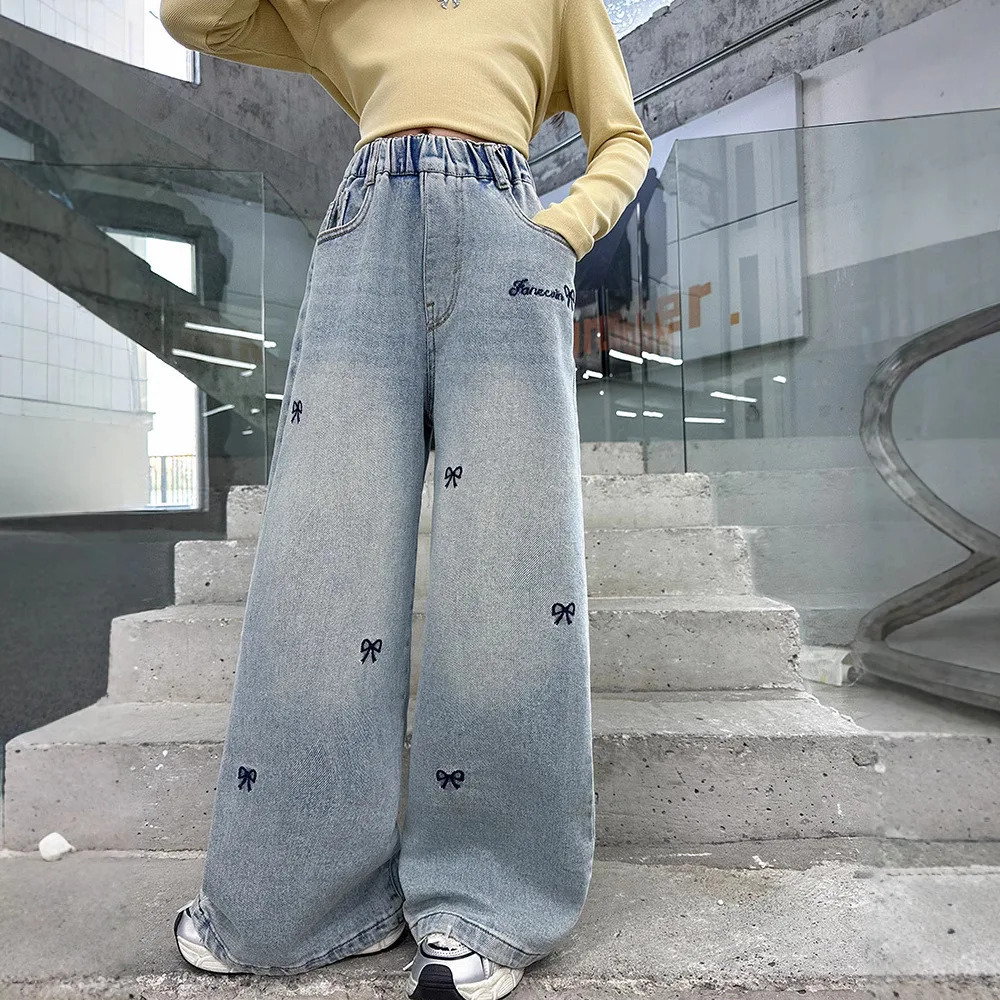 2026년 봄 여름 십대 소녀 청바지 어린이 와이드 레그 스타 데님 롱 팬츠 4 8 9 10 11 12 14세  바지 키즈