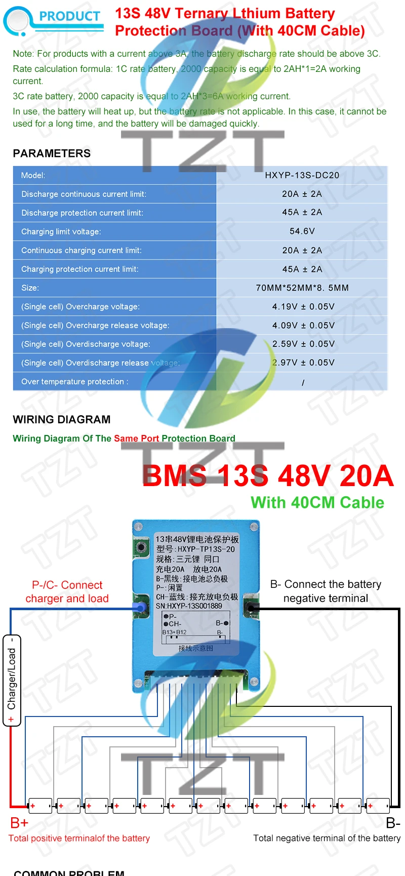 TZT BMS 13S 48V 20A Lmo Ternäre Li-Ion Lithium 18650 Batterieladeschutzplatine mit Kühlkörper Gemeinsamer Anschluss 2-in-1 – Detail 3