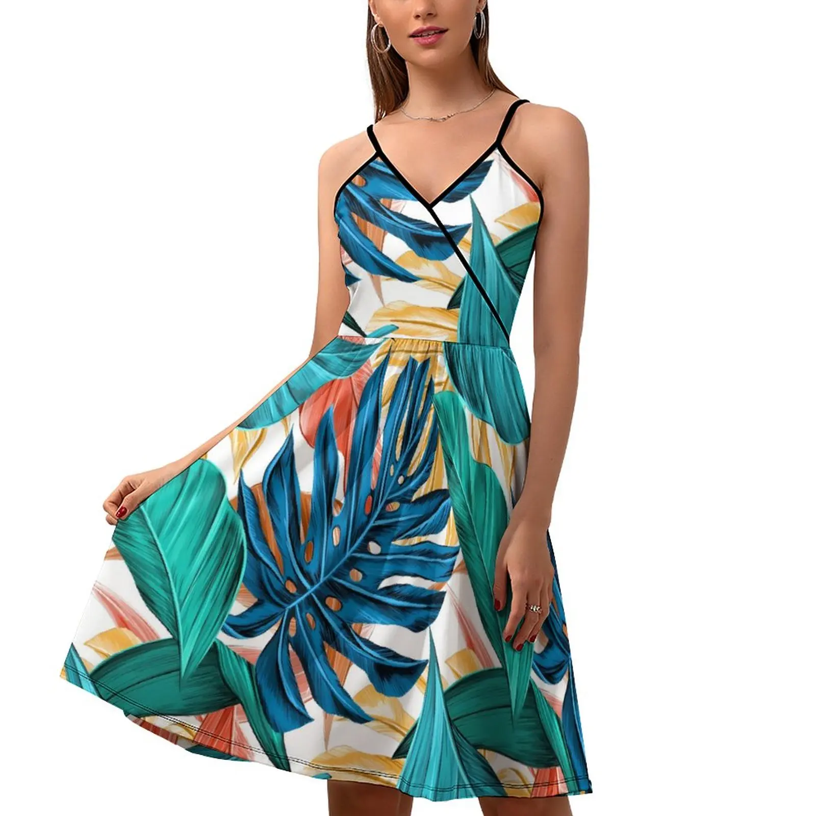 

Jungle Palm Leaf Dress Tropical Print Modern Dresses Womens Aesthetic Casual Dress Spaghetti Strap Custom Oversized Vestido