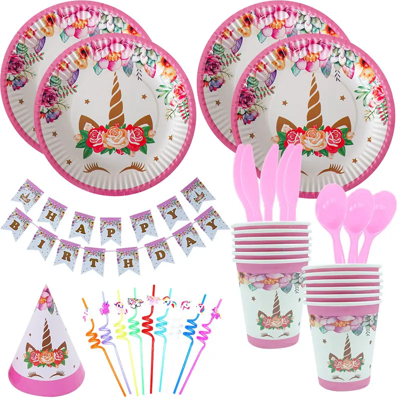 Decoration Unicorn Birthday Girl Tableware Set Balloons Kit Theme Party Gifts Plates Cup Napkins Banner Kids Birthday Supplies