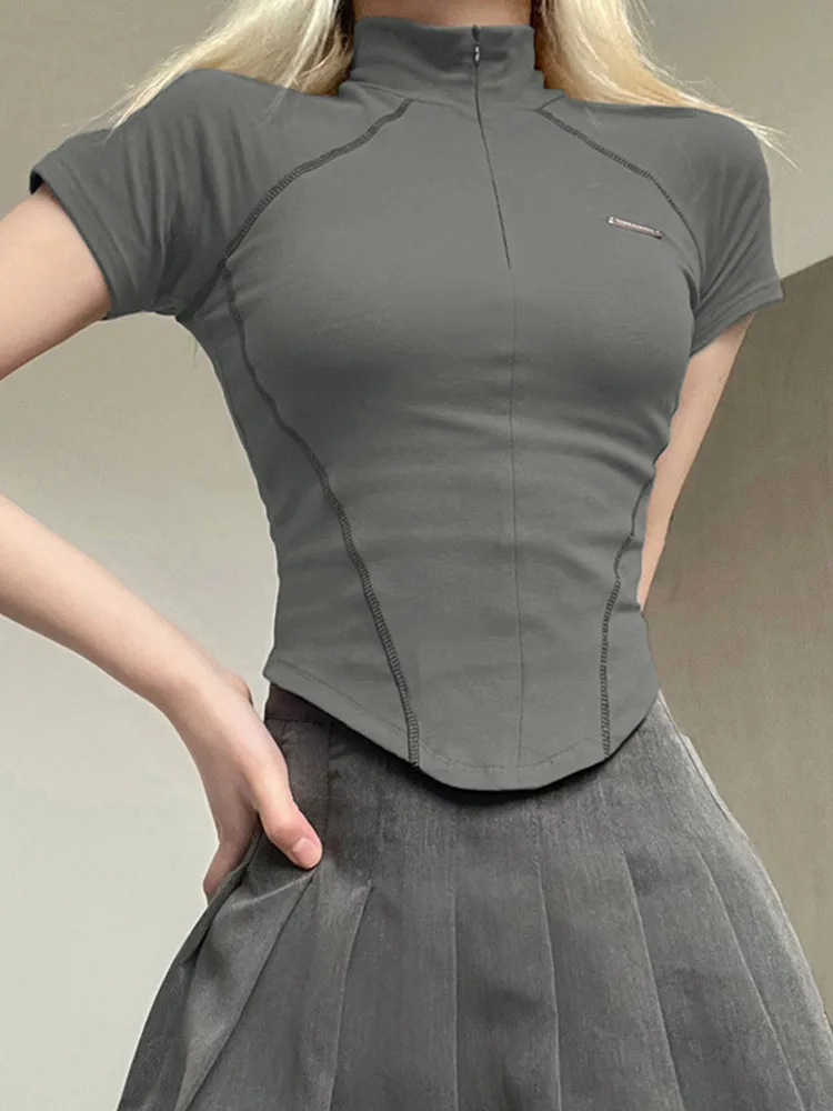 

Кроп-топ y2k серый Байкерский на молнии с коротким рукавом, модная уличная одежда в Корейском стиле 90-х