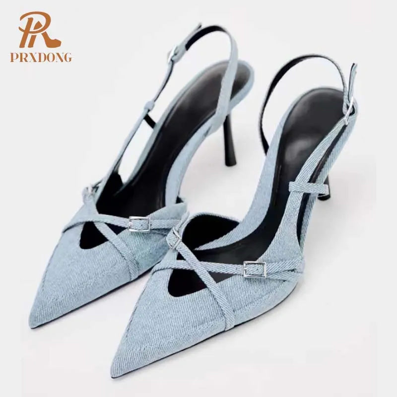 

PRXDONG Women's Shoes 2024 New Elegant Summer Qulaity High Heels Pointed Toe Blue Dress Party Office Lady Pumps Big Size 34-43