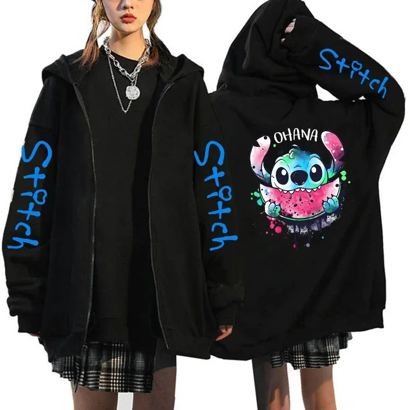 Disney Zip Up Hoodie Women Men Kawaii Ohana Lilo Stitch Zipper Hooded Jacket Harajuku Manga Cartoon Sweatshirts Coat Streetwear zip hoodie