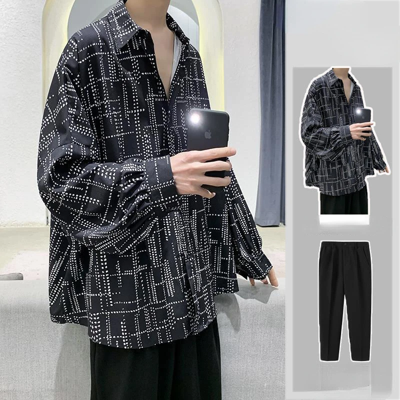 

New Summer and Spring Men 2 Pieces Sets Contrast Printing Long Sleeve Shirt with Trousers Thin Oversized Beach Suit Man X119