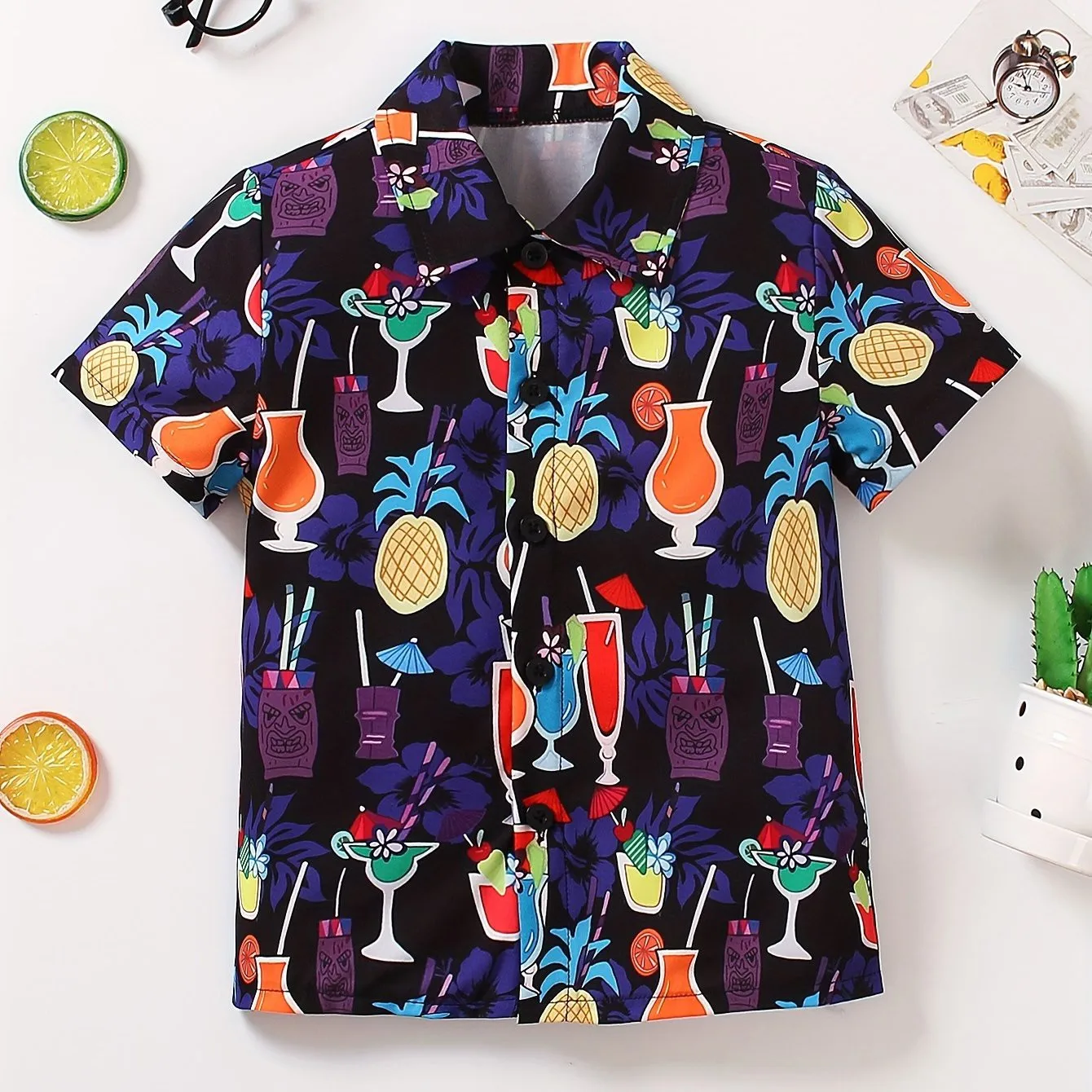 Boys Casual Short Sleeve top Shirt With Kawaii Print Summer Fashion Hawaii Theme Colorful Patterns Lightweight Breathable Fabric
