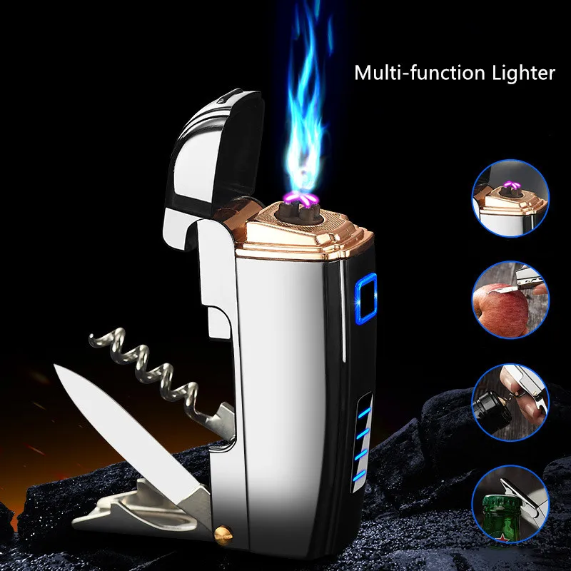 

Многофункциональная USB-зажигалка с двойной дугой, креативная уличная металлическая ветрозащитная импульсная зажигалка с дисплеем мощности, полевой инструмент для выживания
