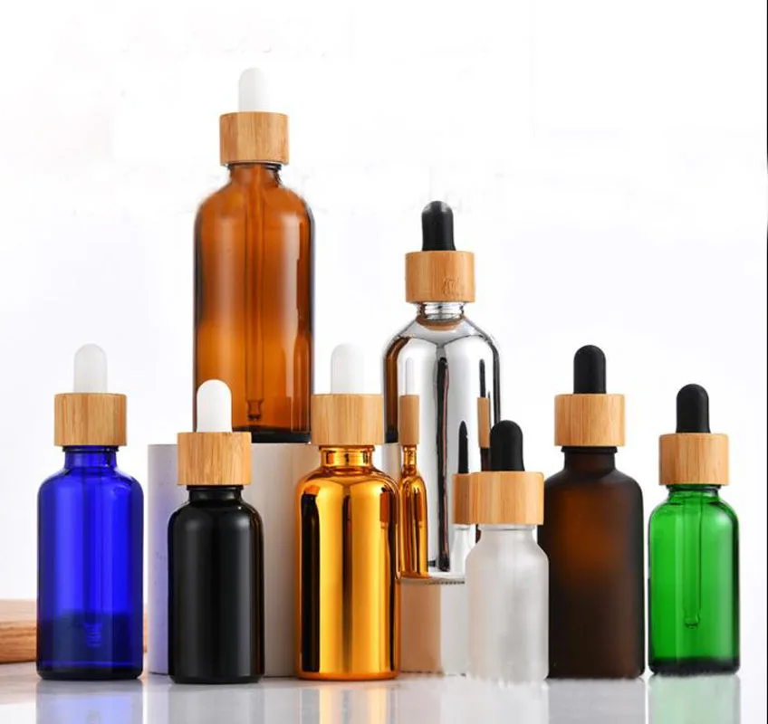 

10Pcs 5/10/15/20/30/50/100 ML Frosted Dropper bottle with Bamboo lid cap Pipette Dropper Bottles Refillable Thick Matte Glass
