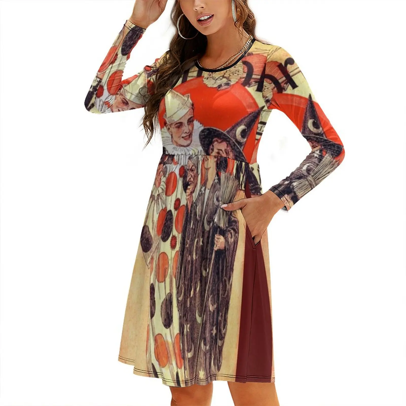 

Vintage Halloween Couple Illustration Round Neck Baggy Dress Dance dresses woman dress