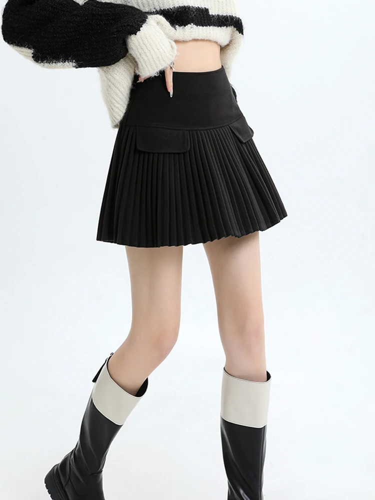 

2024 Women Fashion Woolen Short Skirt Autumn Winter New Advanced Sense Spice Girls High Waisted Appear Thin A-Line Pleated Skirt
