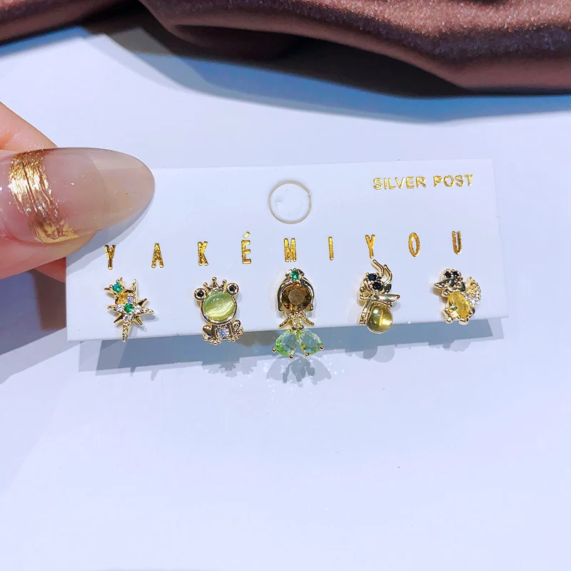 MIGGA 5pcs Fairy Cute Small Princess Stud Earrings Set for Women Girls Gold Color Cubic Zircon Jewelry 4