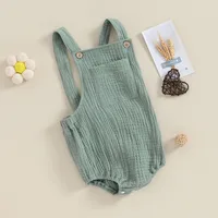 Newborn Baby Girl Boy Cotton Linen Suspender Bodysuit Summer Clothes Solid Color Sleeveless Square Neck Jumpsuit for Kids 1