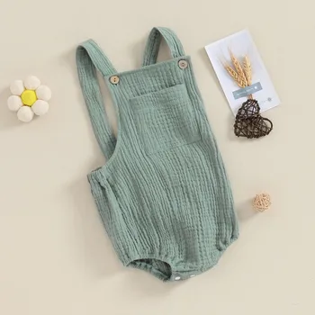 Newborn Baby Girl Boy Cotton Linen Suspender Bodysuit Summer Clothes Solid Color Sleeveless Square Neck Jumpsuit for Kids 1