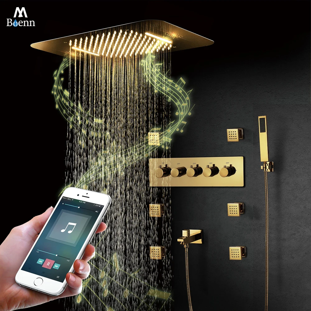 M Boenn Modern Golden Shower Faucet Set Bathroom Smart Concealed Thermostatic Mixer Ceiling LED Showers System Music ShowerHeads