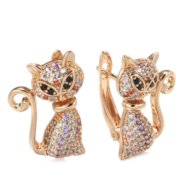 Wbmqda New Fashion 585 Rose Gold Color Cute Cat Shape Earrings For Women Colorful Zircon Setting Unusual Animal Ear Drop Jewelry