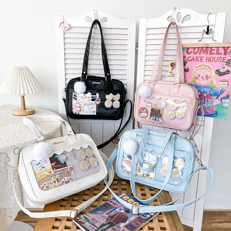 

Japanese Tote Bag with Clear Pocket Women School Kawaii Handbags Shoulder Bag for Teenager Girls Cute Ita Bag Messenger Bag