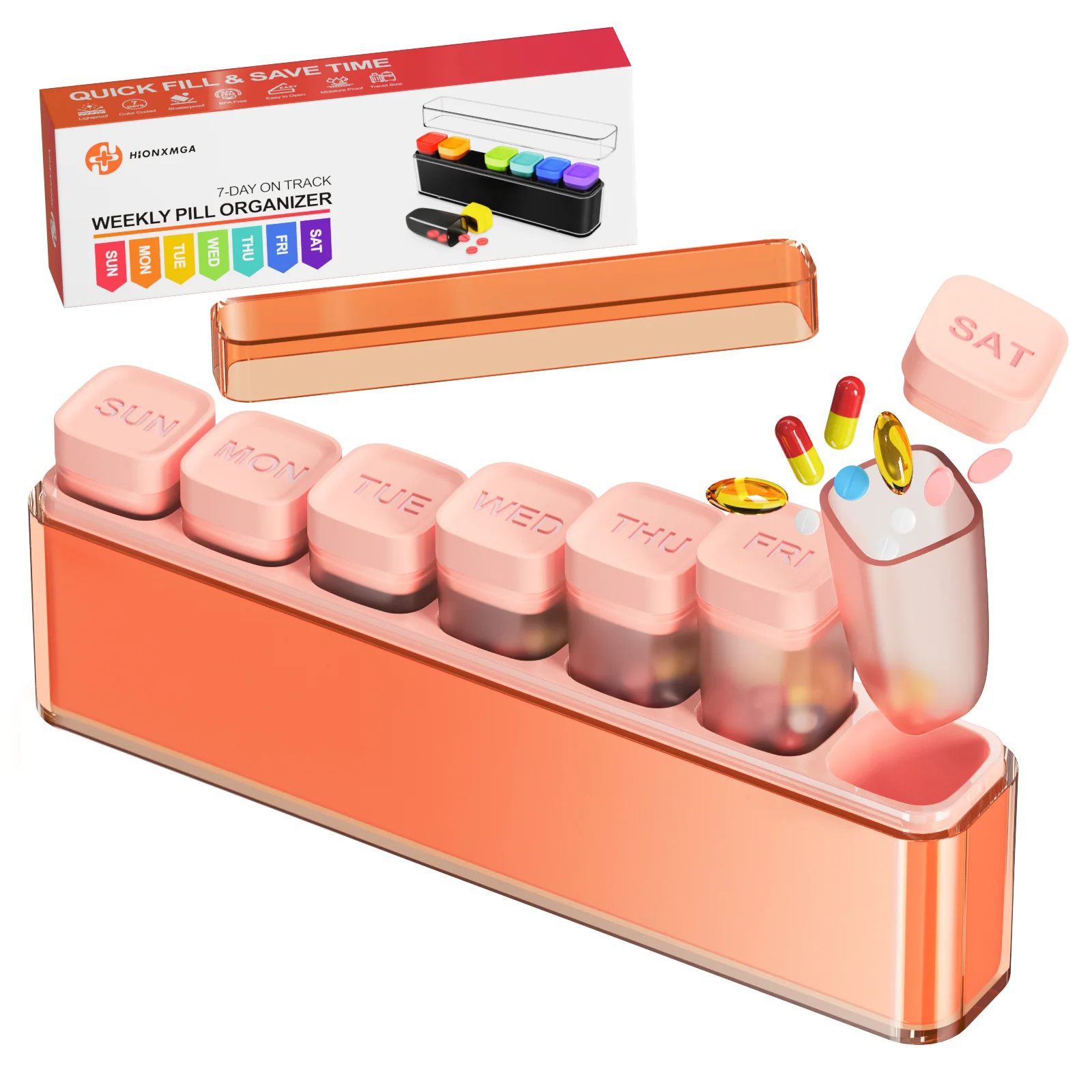 Compact Pill Organizer Travel Case | Detachable Daily Dispenser with Color-Coded Compartments