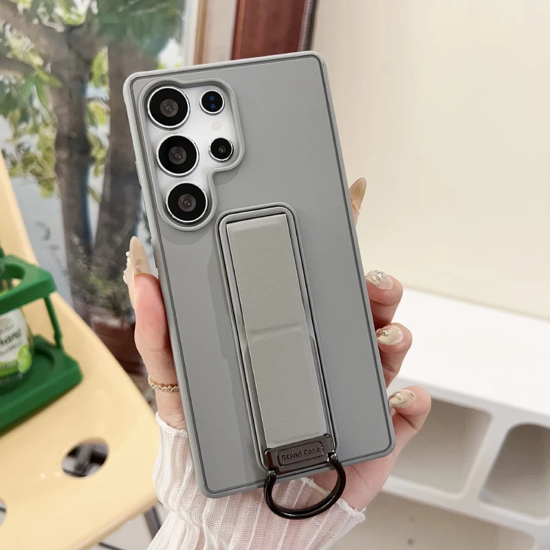 Luxury Solid Color Matte Metal Ring Phone Case with Push-Pull Bracket and Bumper Back Cover