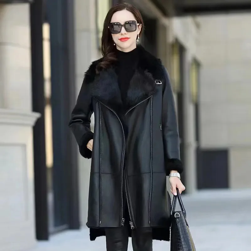 

Oversized 6XL Thicken PU leather Jacket Women's 2024 Winter Warm Faux Mink Fur Coat Female Loose Windproof Parka Long Overcoat