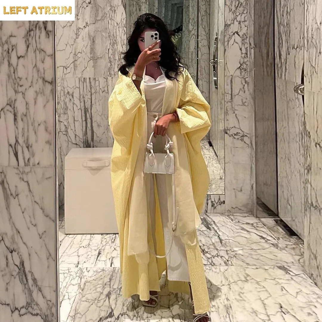 Yellow Abayas for Women 2025 Modest Muslim Dress Kimono Open Abaya Dubai Kaftan Turkey Robe Eid Djellaba Islamic Jalabiya Caftan 2