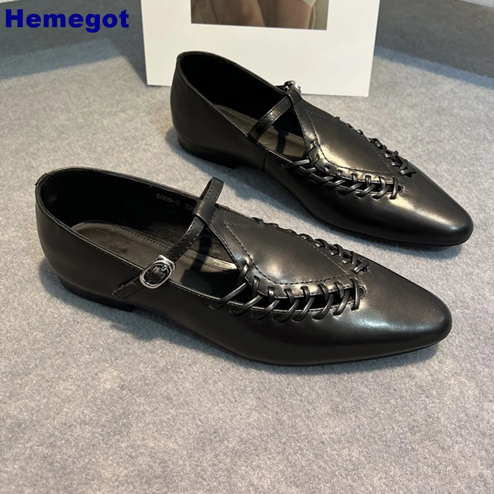 Pointed Toe Woven Leather Roman Shoes 2024 Summer Casual Shallow Buckle Comfort Flat Shoes Black Fashion Women Pumps