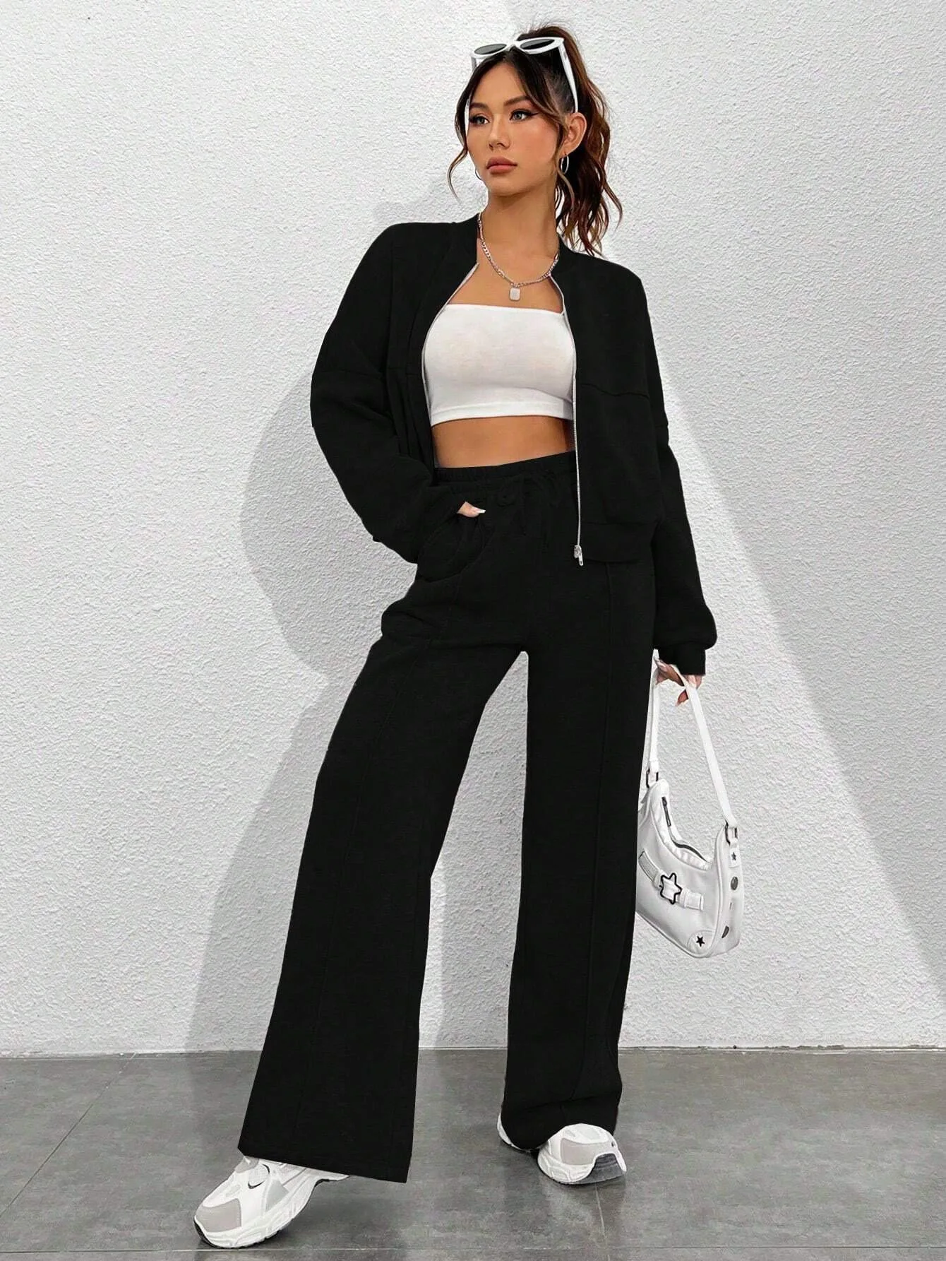 Ensemble deux pièces pour femme, automne 2025, cardigan, sweat-shirt zippé, veste avec ceinture élastique et pantalon large, ensemble décontracté pour dames 2