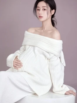 2pcs Women Maternity Photo Props Set White Knitted Off-Shoulder Sweater And Pants Elegant Pregnancy Studio Shooting Clothing