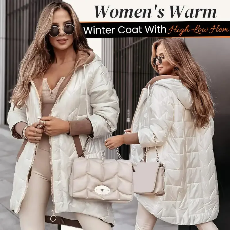 Hot Women's Warm Winter Coat Hooded Cotton Jacket Mid Long Winter Warm Coat with Pockets with High-Low Hem 1