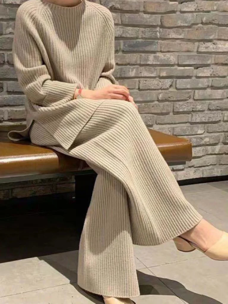 

2024 Autumn Winter Knitted Sweater Two-Piece Set Women Turtleneck Top Warm Thick Pants Suits Female Casual Pullover Tracksuits