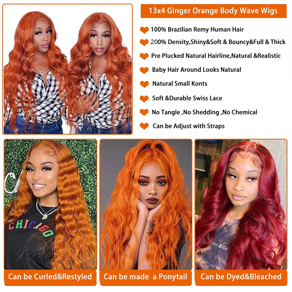 Onda do corpo Lace Front Perucas, Cabelo Humano, Gengibre Laranja Peruca, HD Lace Frontal Perucas, Pré Arrancado com o Cabelo do Bebê, 13x4