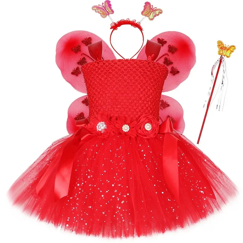 thumbnail image 1 of Vestido de tul con tutú de hada para niña, color rojo brillante, con alas de mariposa y purpurina, para fiesta de cumpleaños, 1 of 5