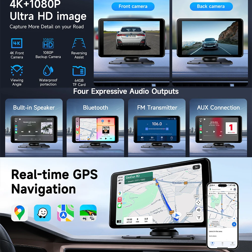 4K DVR 7 Inch Portable Wireless Carplay Screen For Car Multimedia Radio Player Audio Stereo CarPlay Android Auto Player Screen