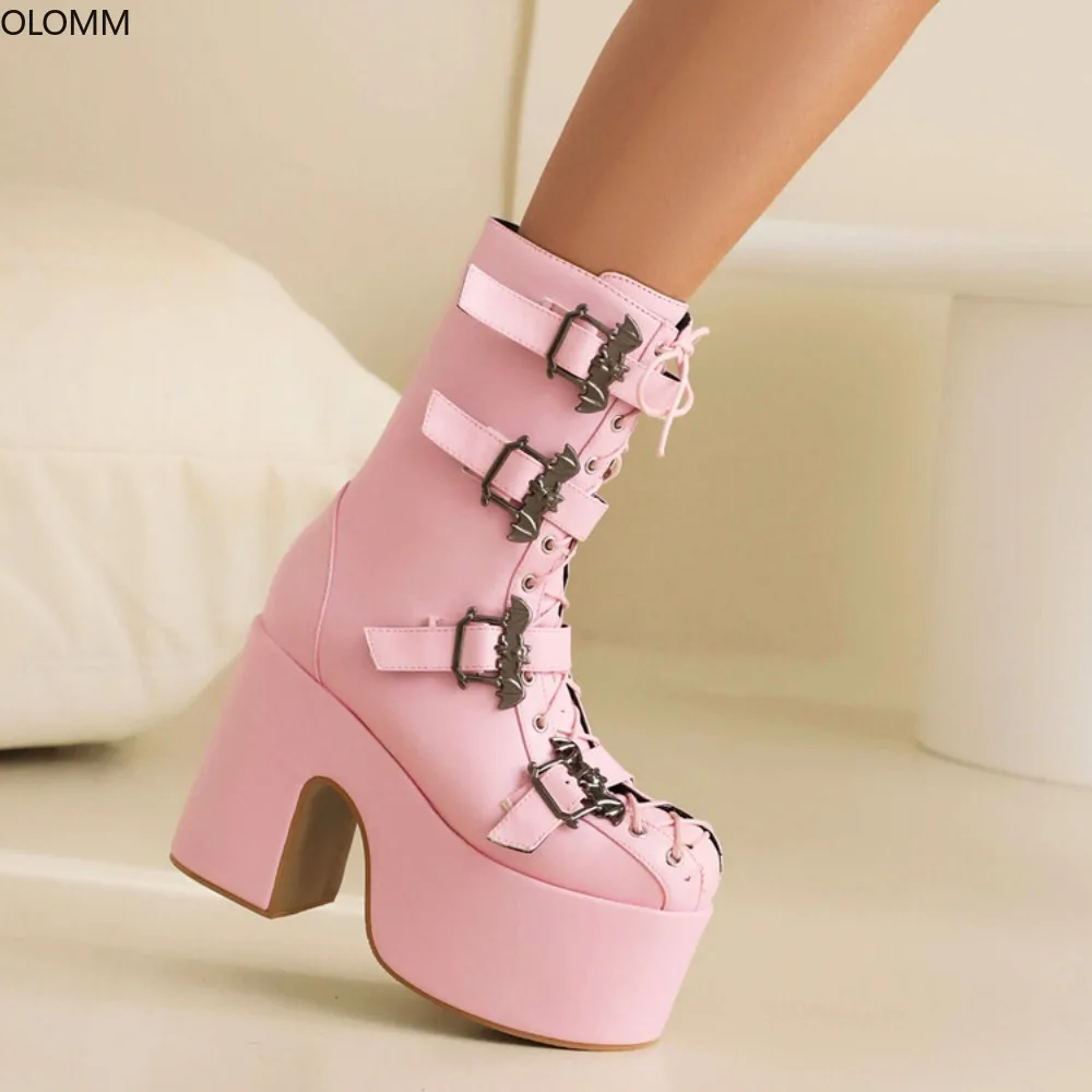 

Mid Calf Boots Metal Bat Belt Buckle Womens Platform Punk Chunky Super High Heel Shoes Sexy Motorcycle Plus Size 5Colors