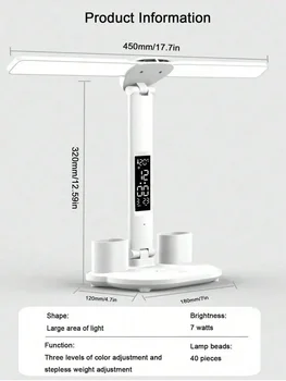 1 Double-Head Pen Holder Desk Lamp, White Light With Three Levels Of Brightness Adjustment, Time Display, USB Plug, Suitable For 3