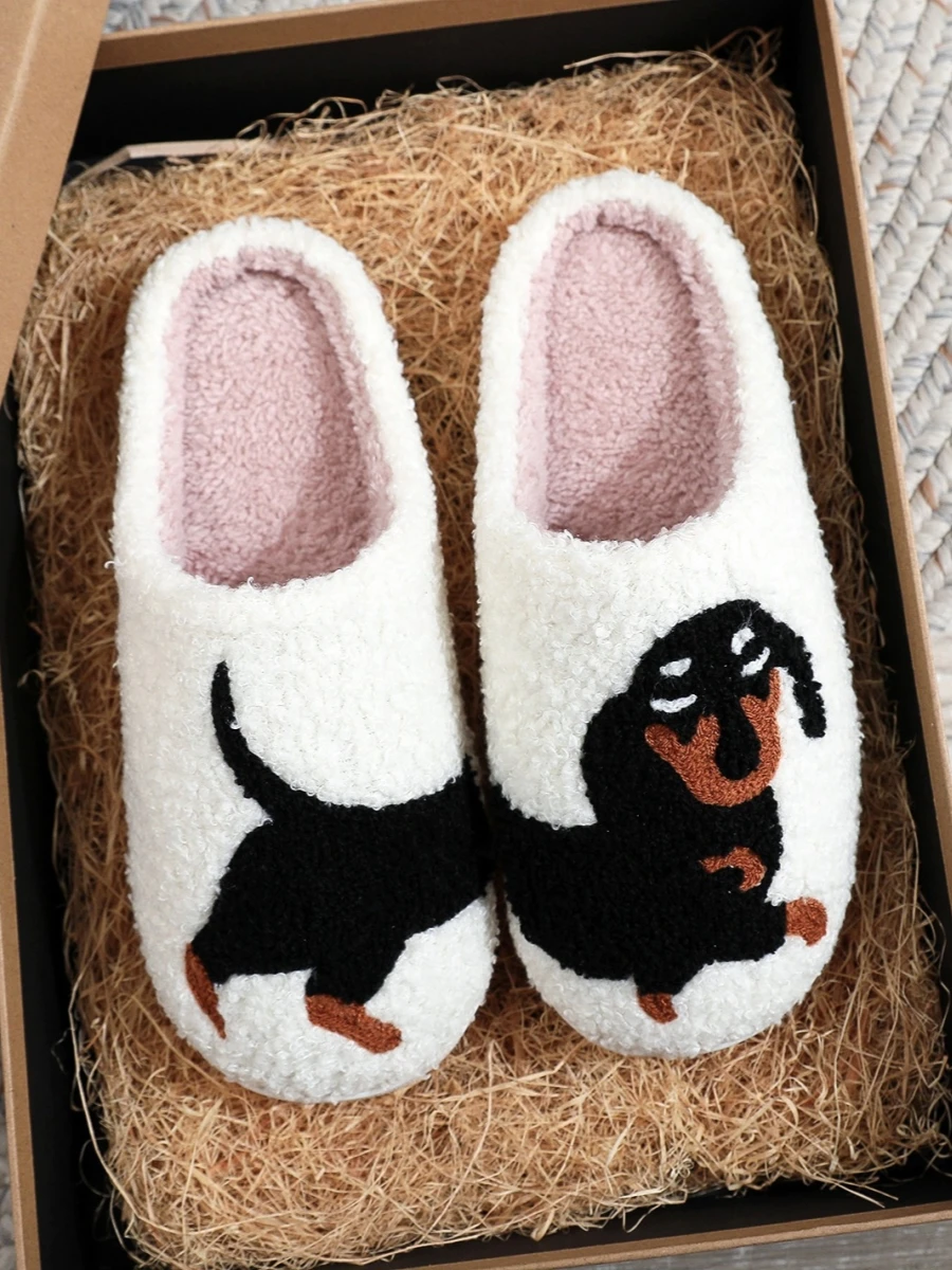 2024 Winter Women Black Cat Slippers Men Cartoon Home Black Dog Floor Sandals Couples Indoor Slippers Adults Warm Non-slip Shoes 3