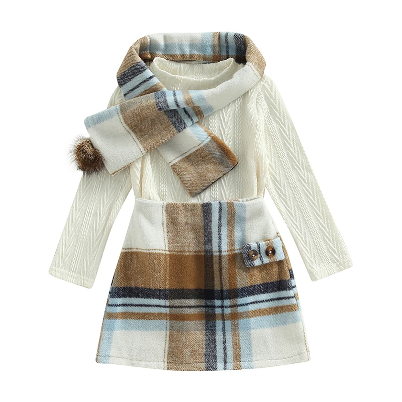 

2022-11-15 Lioraitiin 3-7Years Kids Girl Autumn Outfit Fluffy Knitted Long Sleeve Pullover Sweater Plaid A-line Skirt Long Scarf