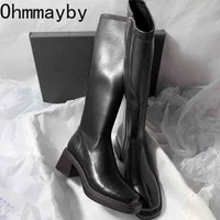 Vintage Thick Heel Women Knee High Boots Fashion Side Zippers Shoes Autumn Winter Ladies Concise Long Botas De Mujer 3