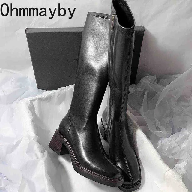 Vintage Thick Heel Women Knee High Boots Fashion Side Zippers Shoes Autumn Winter Ladies Concise Long Botas De Mujer 3