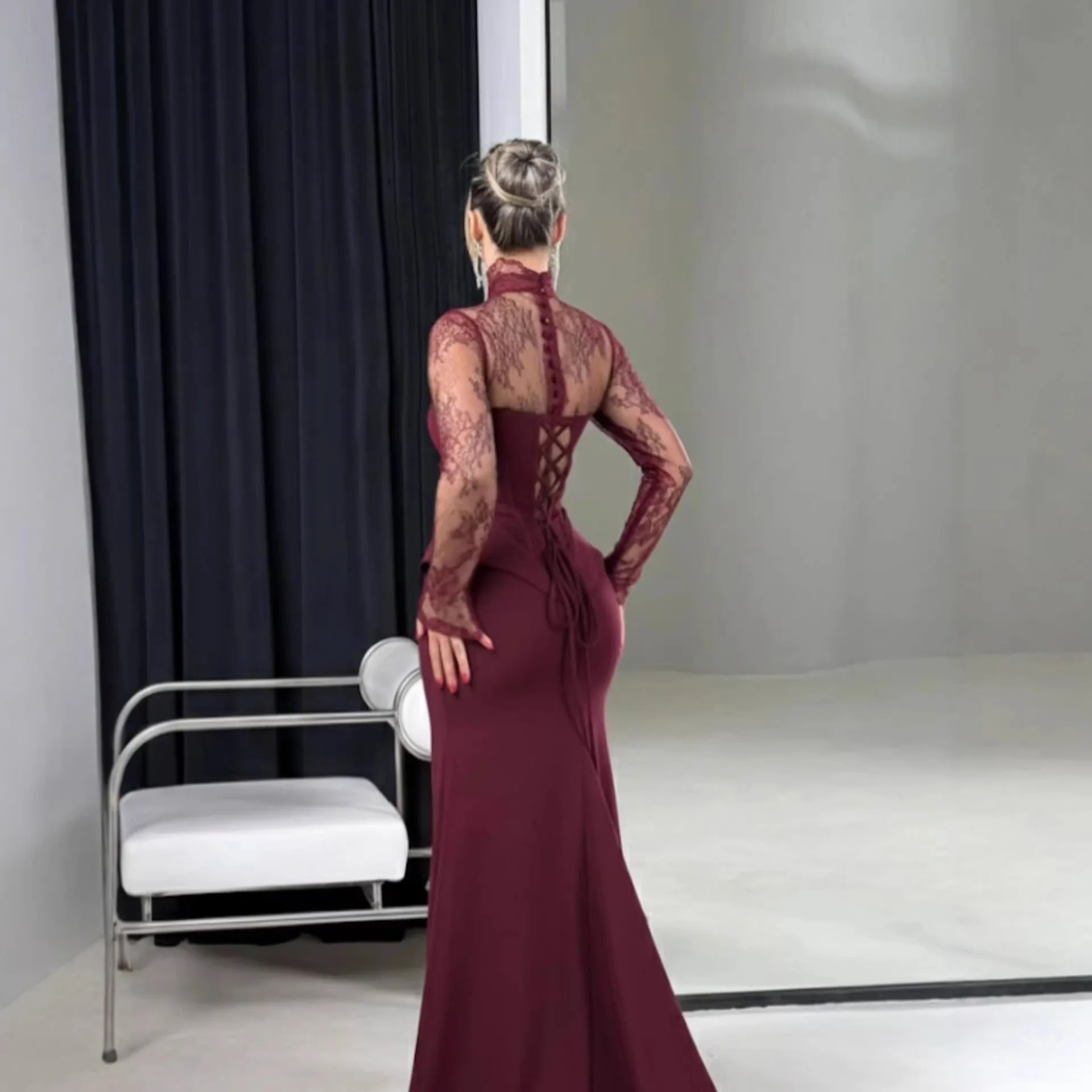 2026 New Lace Splicing Long Sleeve Slim Fit Gown Elegant Draped Tail Skirt Polyester Fabric Floral Pattern round Neck High Waist 3