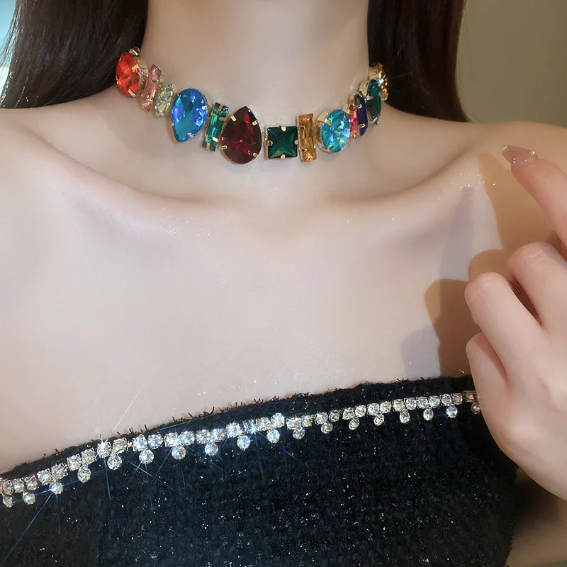 여성용 샤인 기하학 크리스탈 초커 목걸이, 물방울 쇄골 체인 목걸이, 진술 보석 선물
