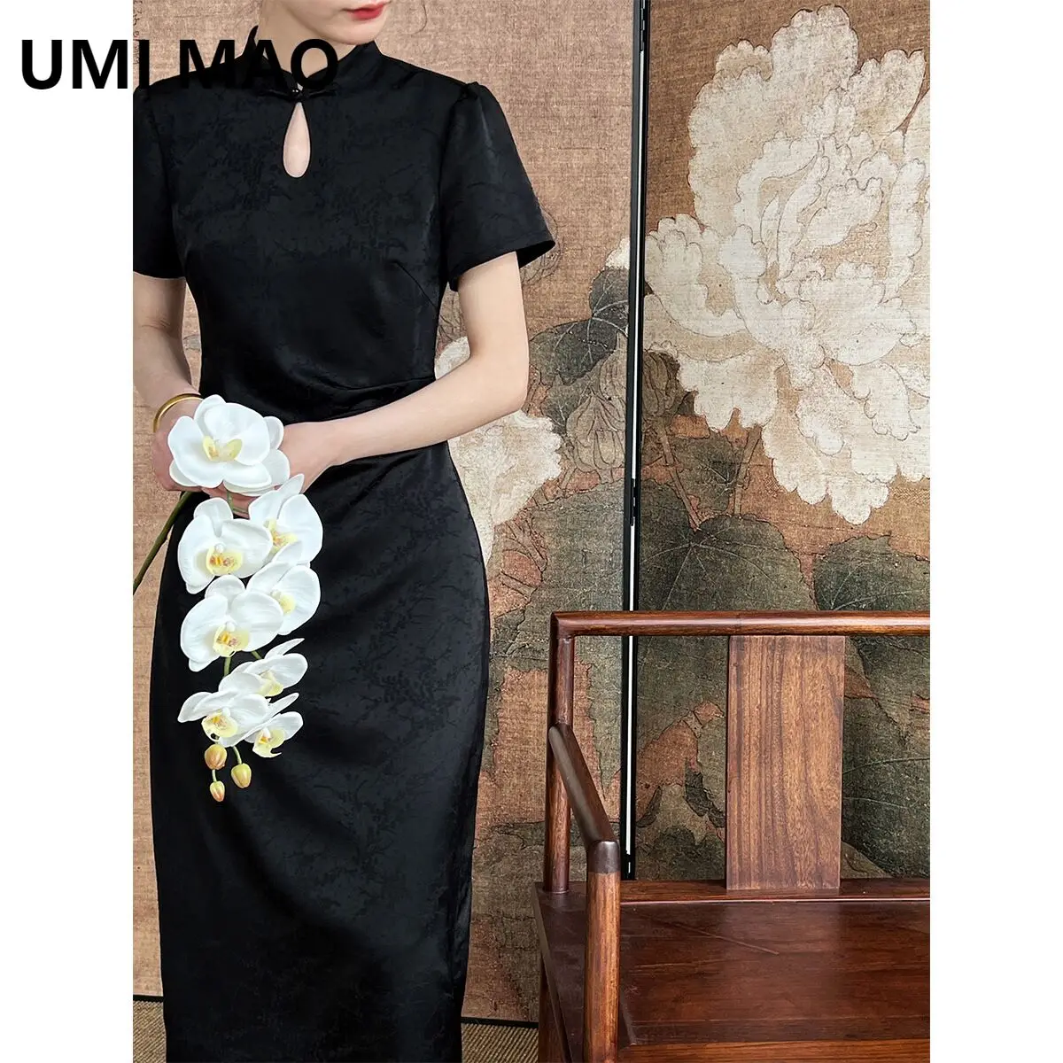 

UMI MAO Haute Couture Waist Cinched Palace Style Jacquard Improved Cheongsam Formal New Chinese Long Dress Femme Y2K