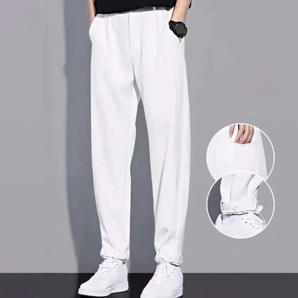 

Men Suit Pants Men's Loose Ice Silk Suit Pants with Ankle-banded Pockets Elastic Waist Solid Color for Gym Training Business