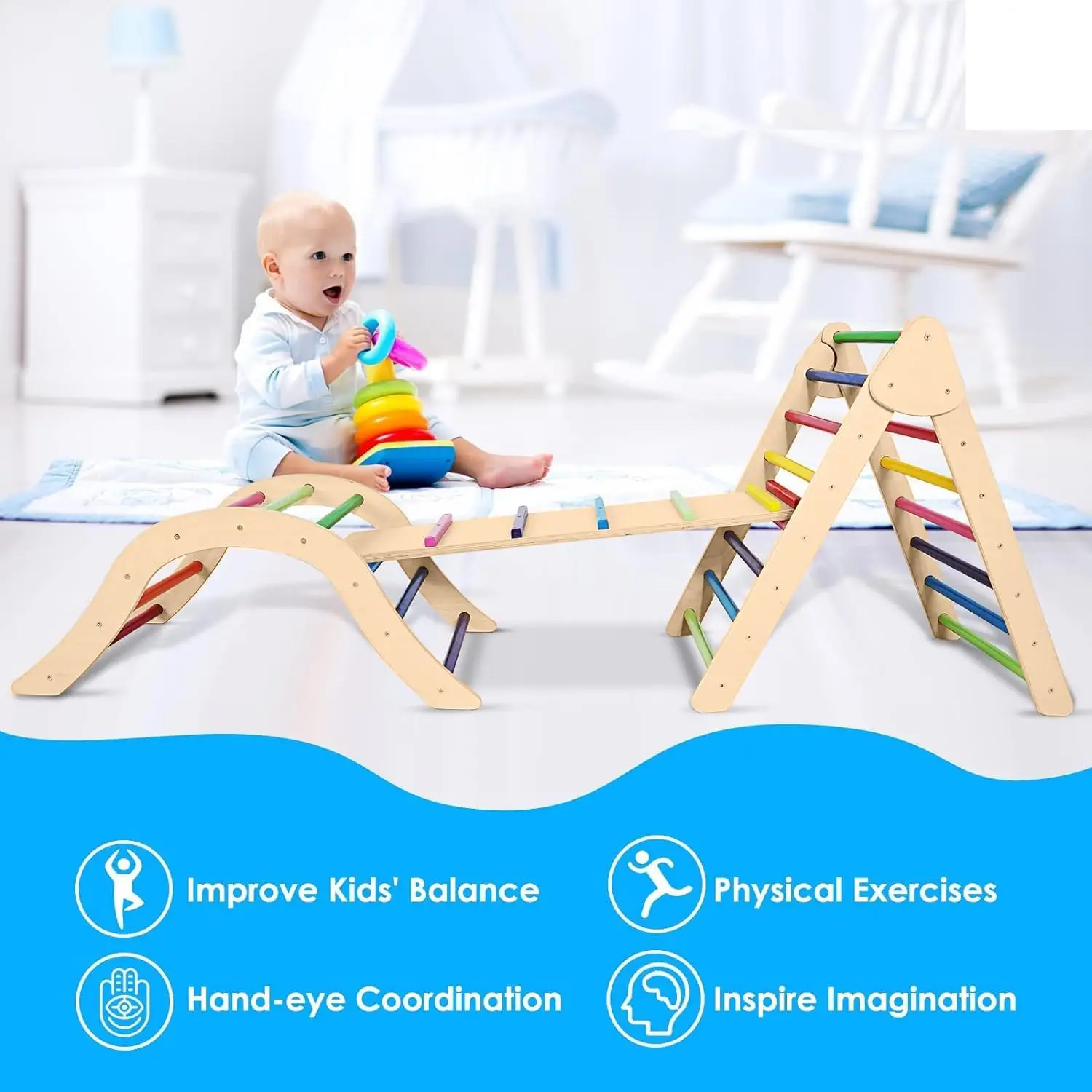 5 in 1 Wooden Montessori Climbing Set with Arch/Ladder/Ramp Foldable Climbing Toys Fun Indoor Playground Jungle Play Gym Rainbow 6