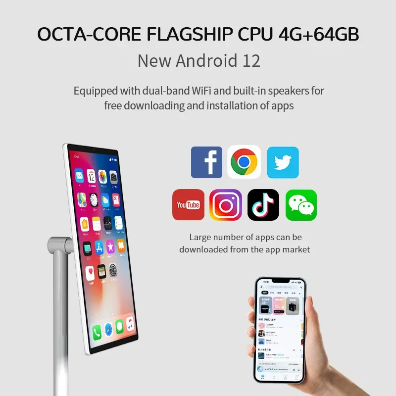 White 6Gb+128Gb Flat Screen Tv 21.5 Inch Digital Signage on Wheels Movable Charging Smart Display Interactive Smart Portable Tv