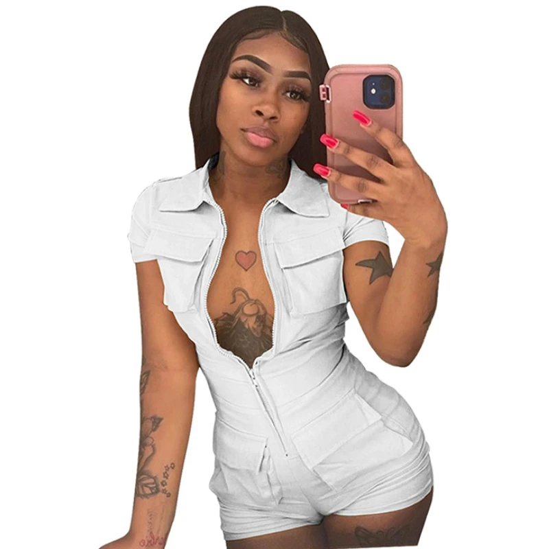 White Sexy Jumpsuit for Woman Short Zipper V Turn Down Short Sleeve Overall Jumpsuit Shorts Casual Pockets Bodycon Rompers 2XL