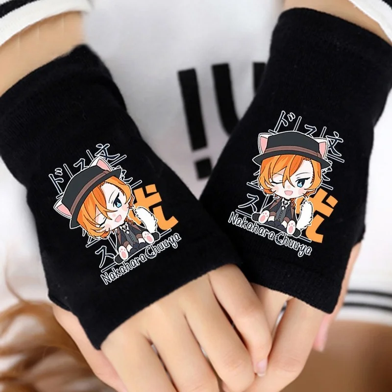 

1 Pair Cartoon Anime Bungou Stray Dogs Cosplay Cotton Wrist Gloves Nakajima Dazai Chuya Ryunosuke Half Finger Gloves Plush Toys