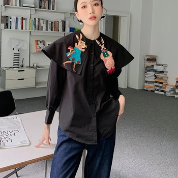 CHEERART Rabbit Embroidered Kawaii Shirt Sailor Collar Black Long Sleeve Button Up Shirt Cute Blouse Korean Fashion Clothing