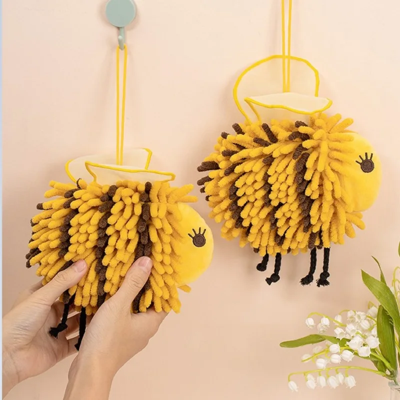 Hand Towels Chenille Kitchen Bathroom Cartoon Bee Shape Hanging Loops Quick Dry Soft Absorbent