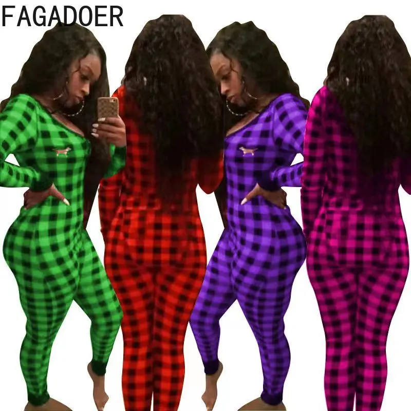 FAGADOER Sexy V Neck Embroidery Pattern Jumpsuits Women Zipper Long Sleeve Bodycon Rompers Spring Plaid Print Slim Playsuit 2023